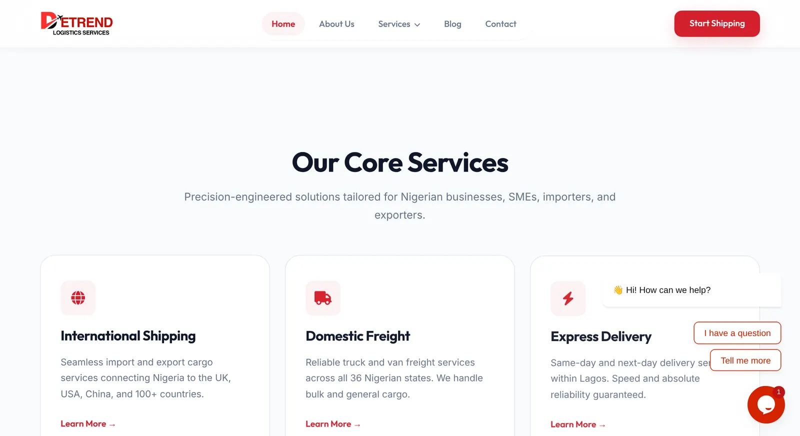 Detrend Logistics website: sectors and testimonials