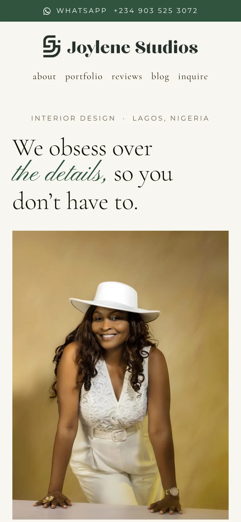 Joylene Studios on a phone: mobile homepage