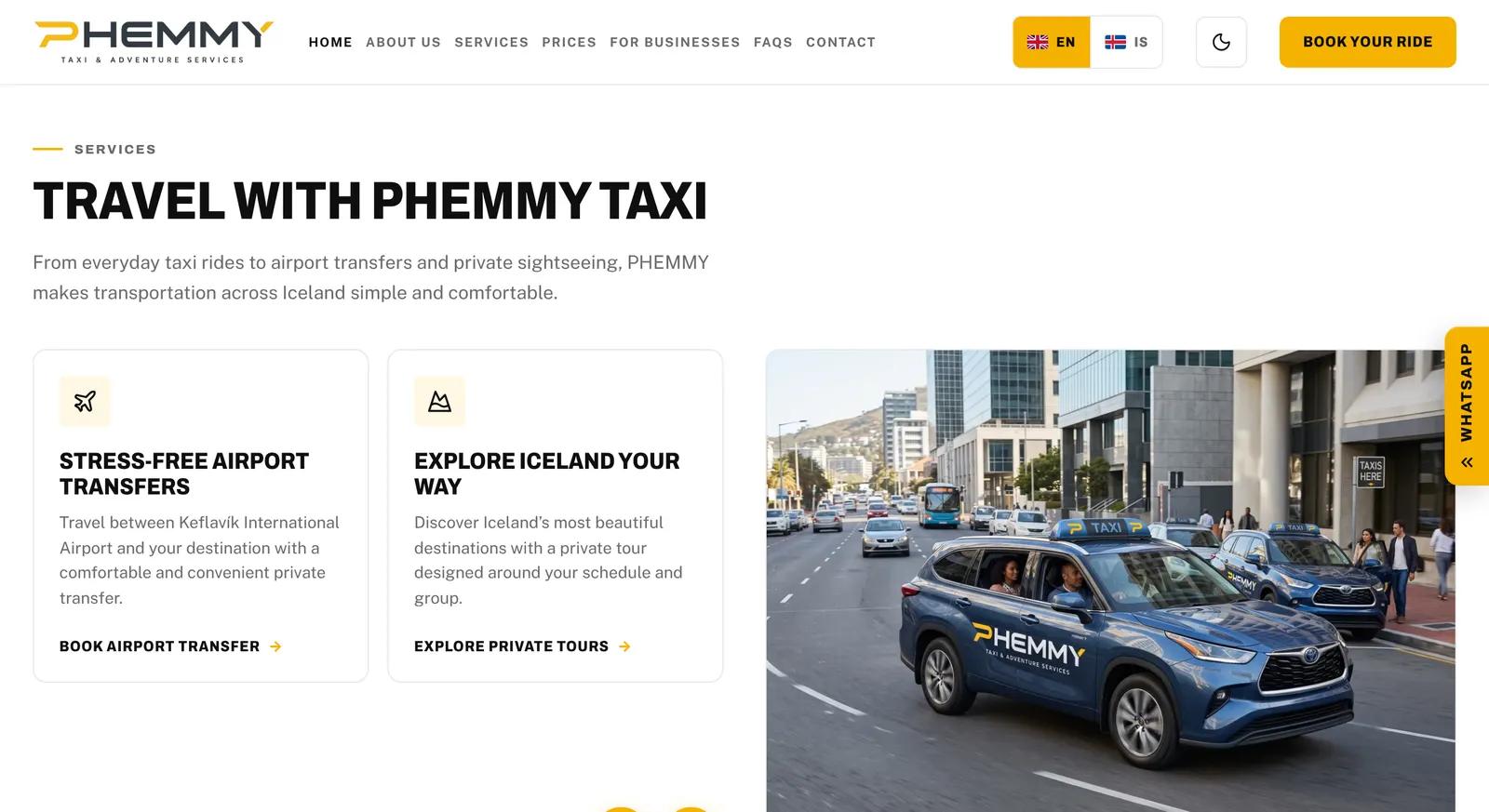 Phemmy Taxi services section showing taxi, airport transfer, private tour and chauffeur options