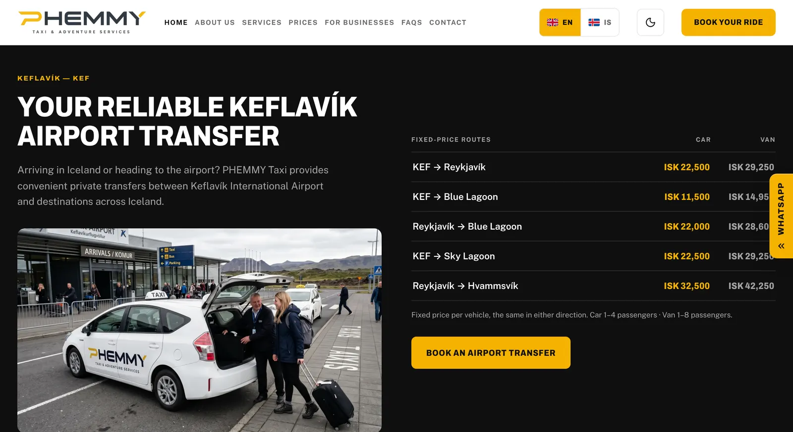 Phemmy Taxi fixed-price Keflavik airport transfer routes with car and van prices in Icelandic krona