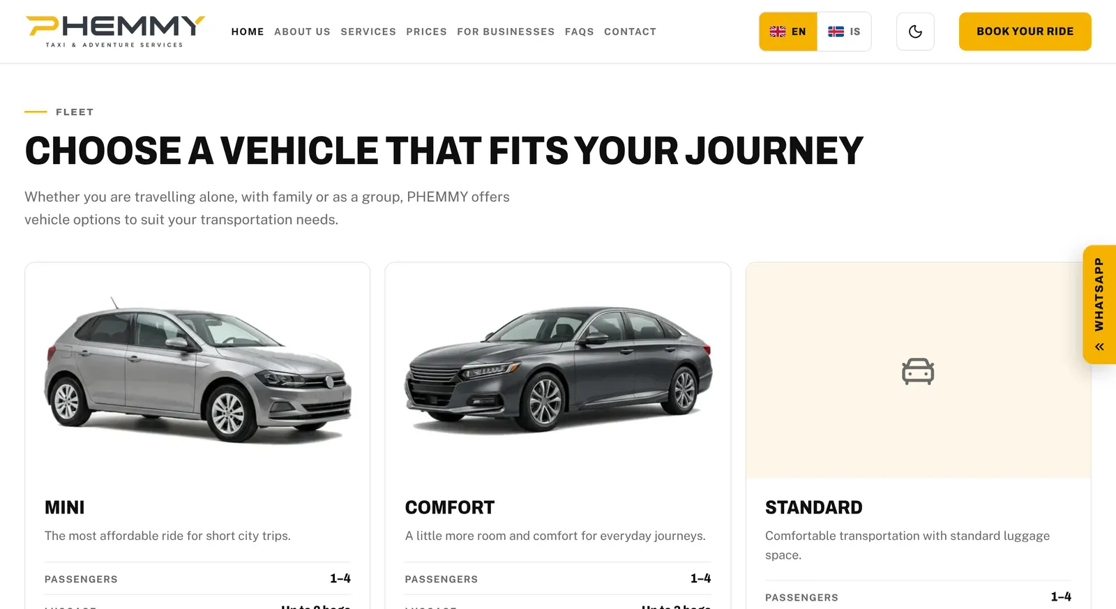Phemmy Taxi fleet catalogue with Mini, Comfort and Standard vehicles and their capacity and rates