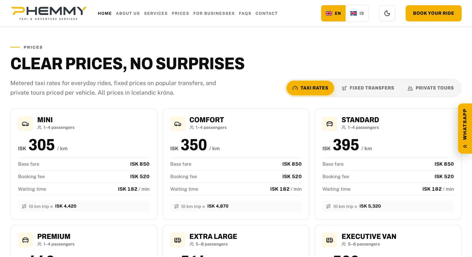 Phemmy Taxi pricing page with per-kilometre taxi rates by vehicle class