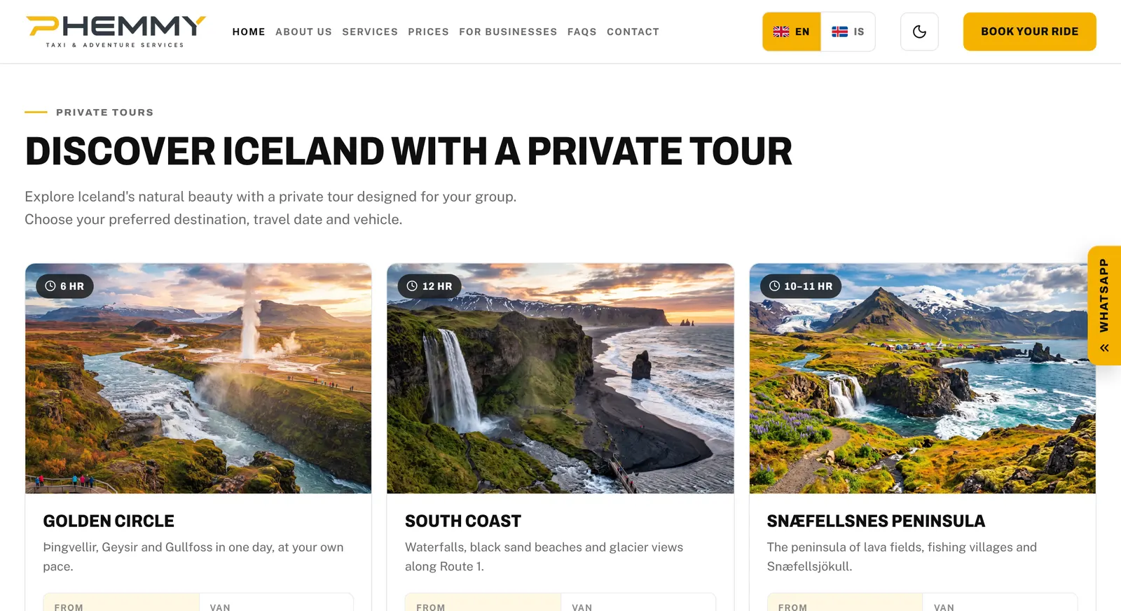 Phemmy Taxi private tours including Golden Circle, South Coast and Snaefellsnes with prices