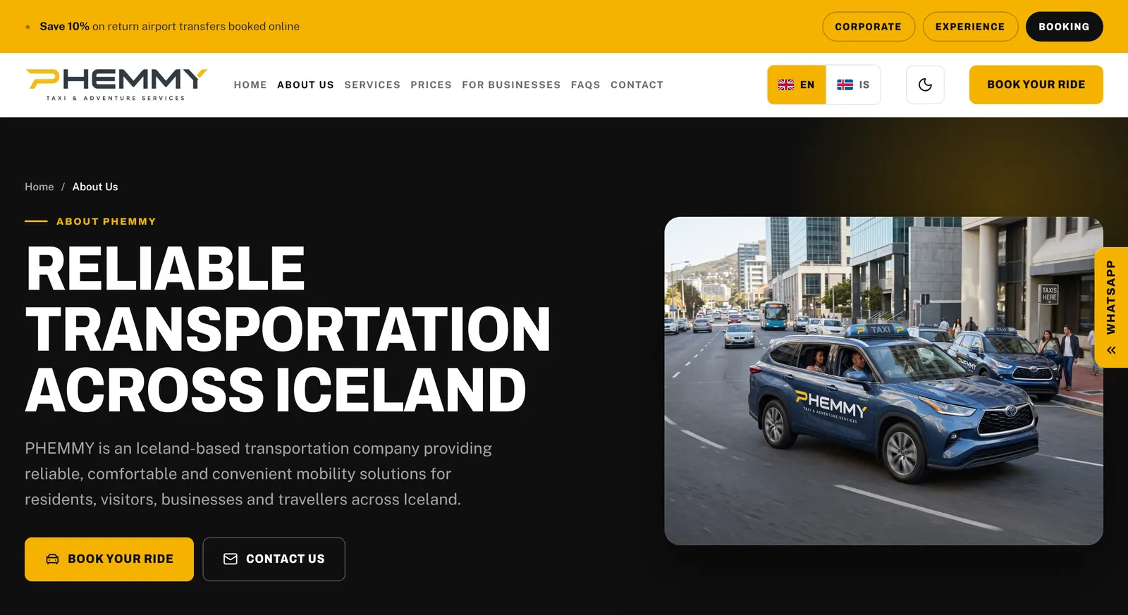 Phemmy Taxi about page describing the Iceland-based transport company