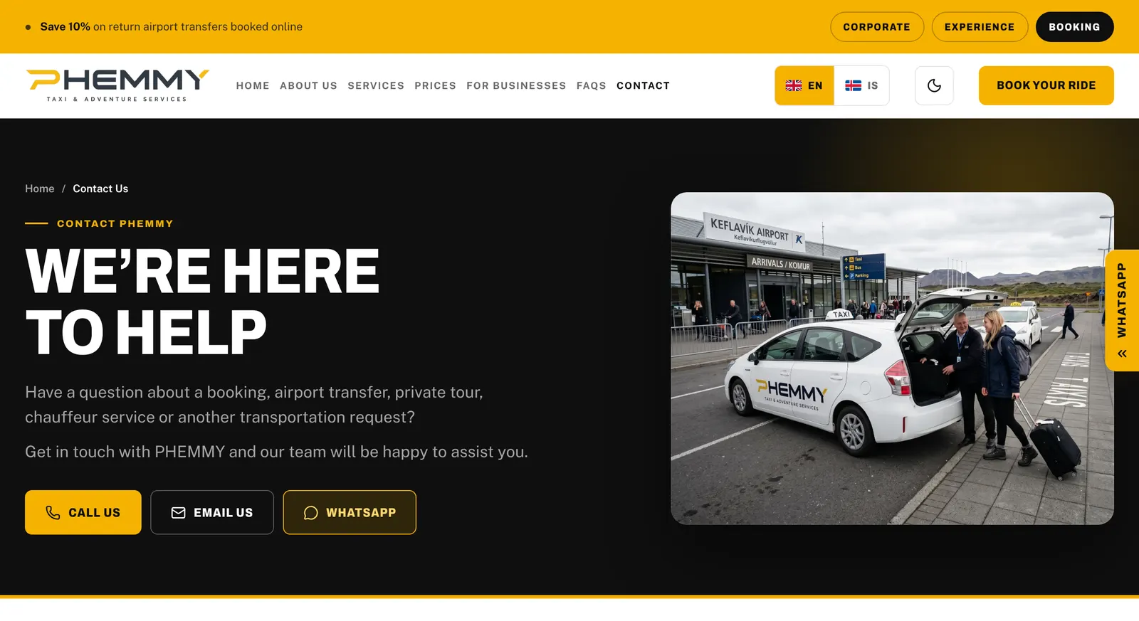 Phemmy Taxi contact page with call, email and WhatsApp options