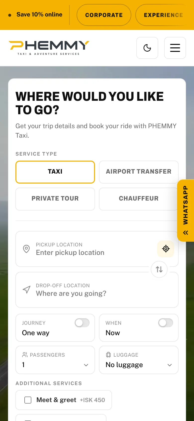 Phemmy Taxi mobile homepage with the quote form