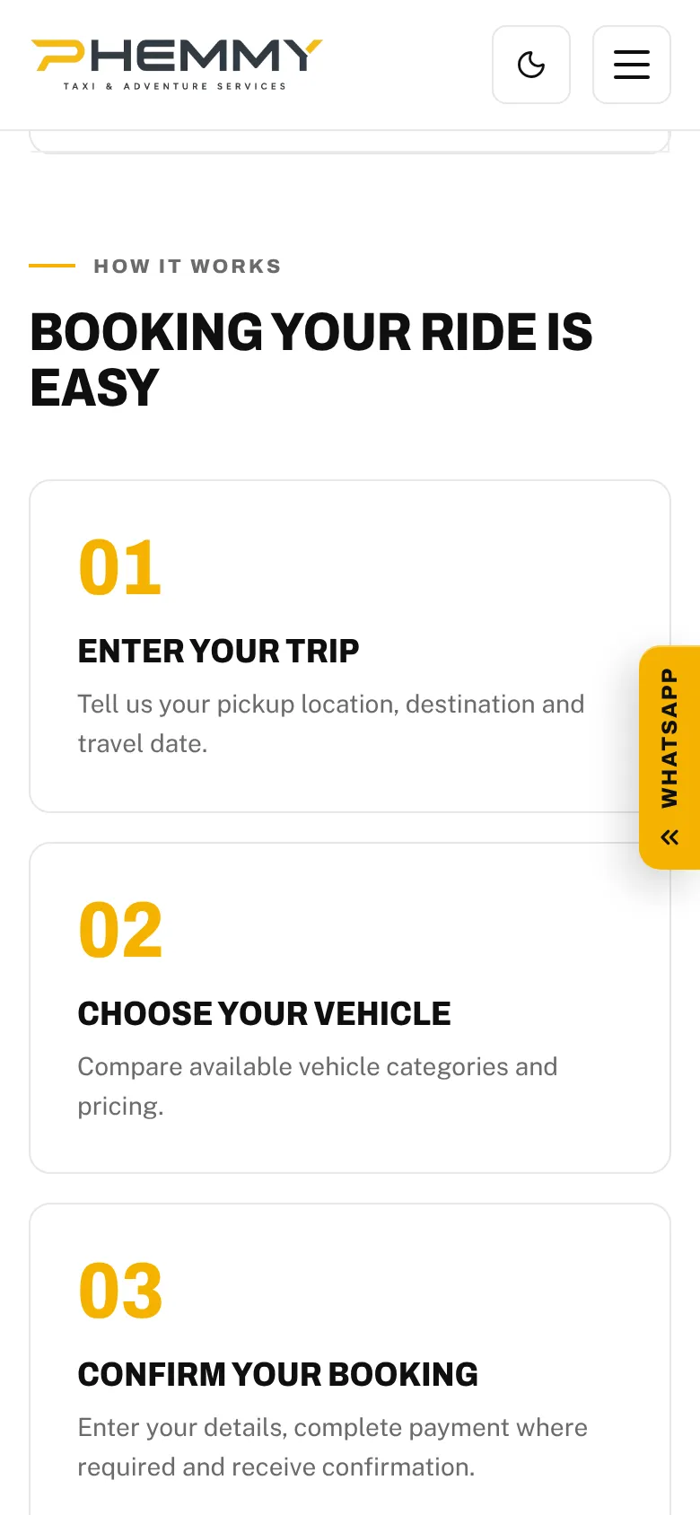 Phemmy Taxi mobile section explaining the three booking steps