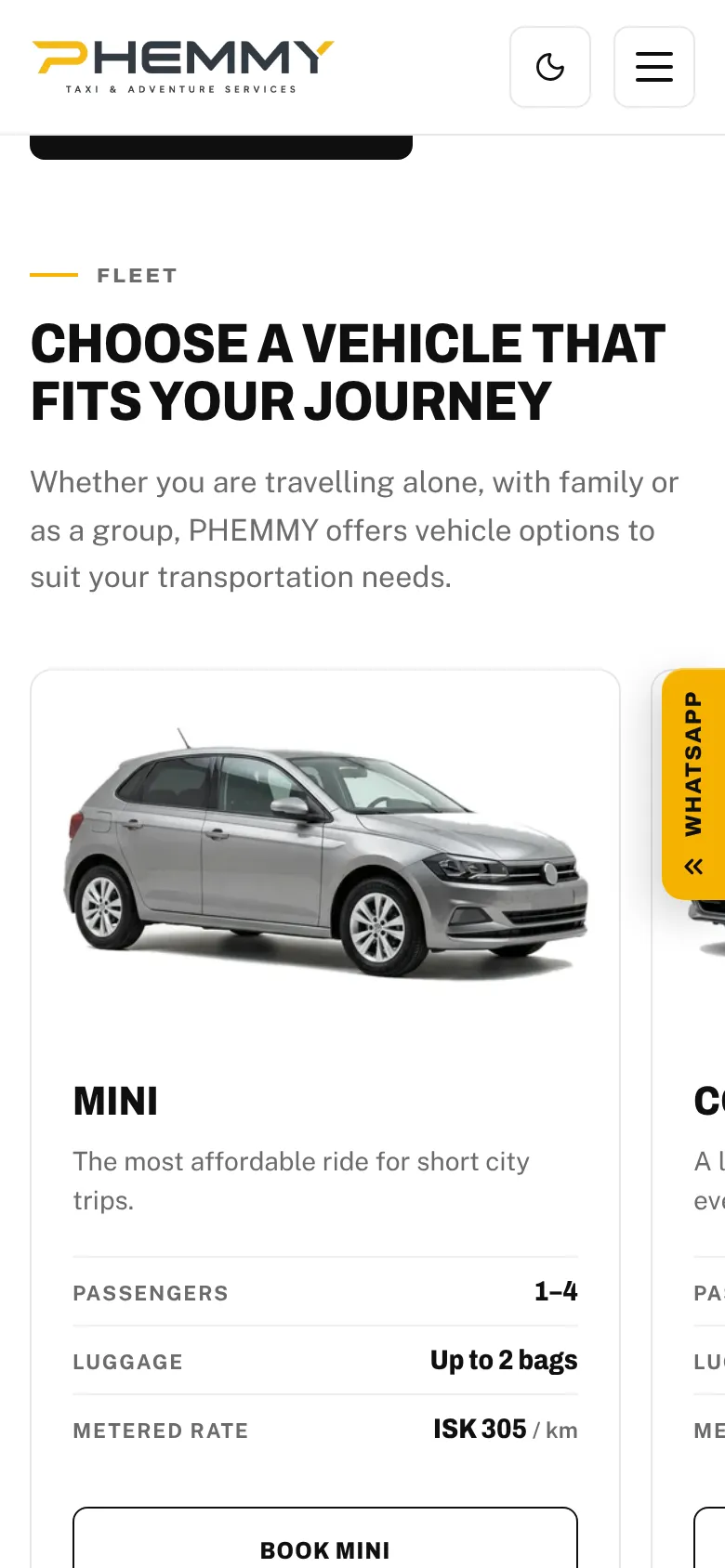 Phemmy Taxi mobile fleet catalogue showing the Mini vehicle