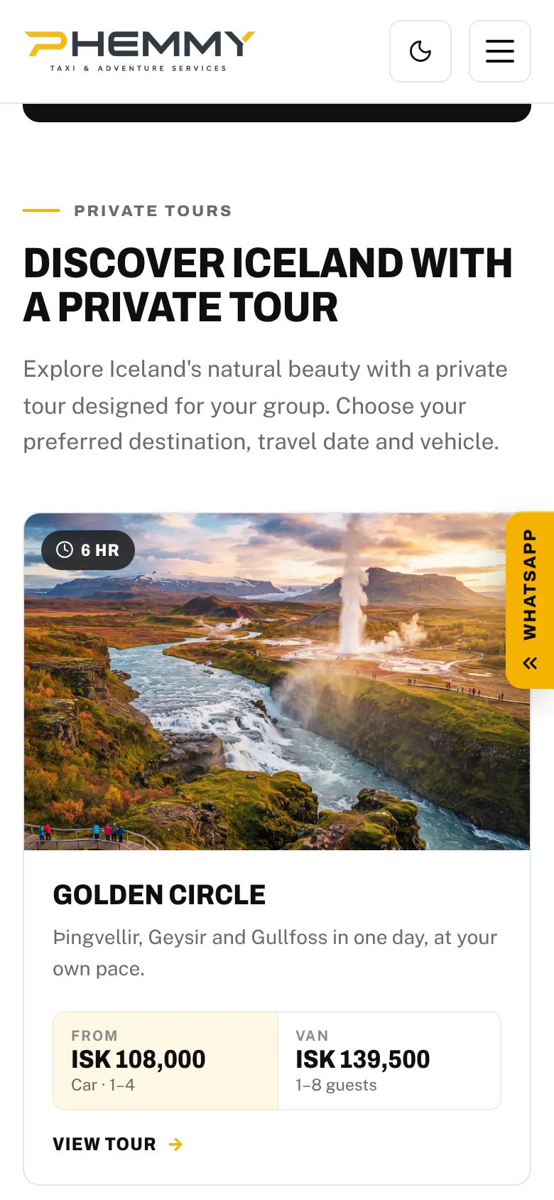 Phemmy Taxi mobile private tours list starting with the Golden Circle
