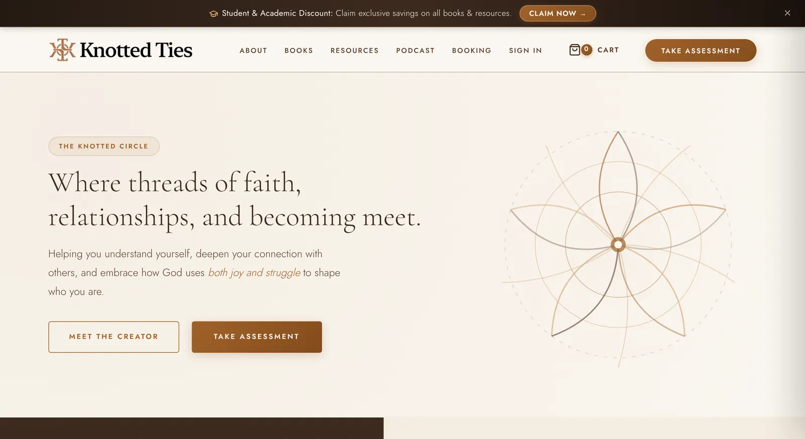 The Knotted Circle homepage with the tagline where threads of faith, relationships and becoming meet