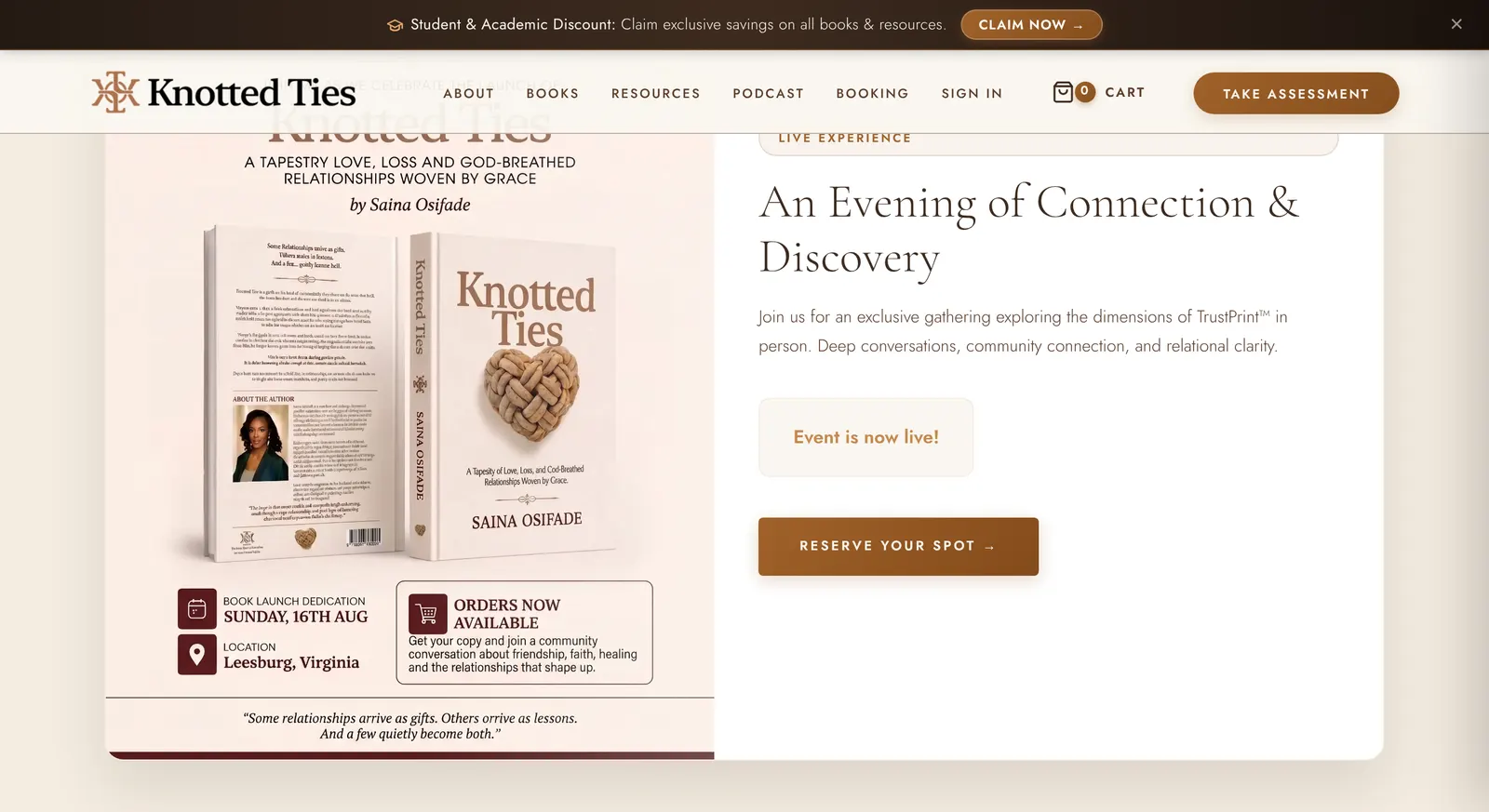The Knotted Circle live event section with the Knotted Ties launch and RSVP button