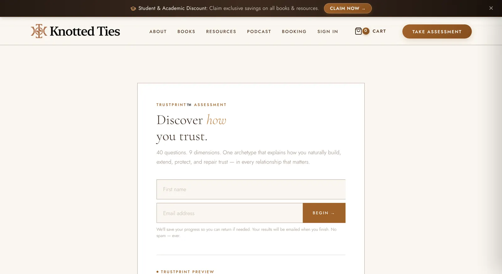 The Knotted Circle TrustPrint assessment start page asking visitors to discover how they trust