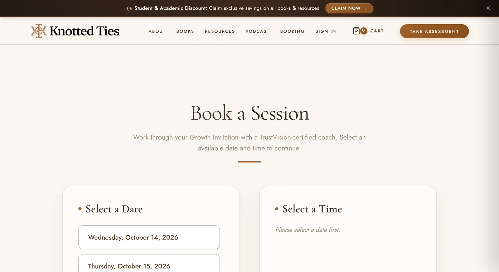 The Knotted Circle booking page with a date and time picker for coaching sessions