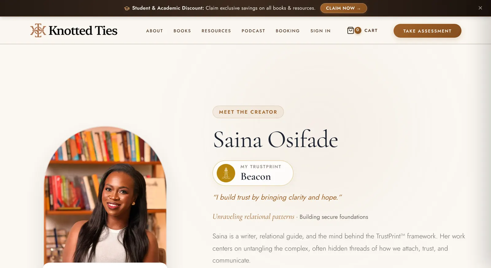 The Knotted Circle about page introducing author Saina Osifade