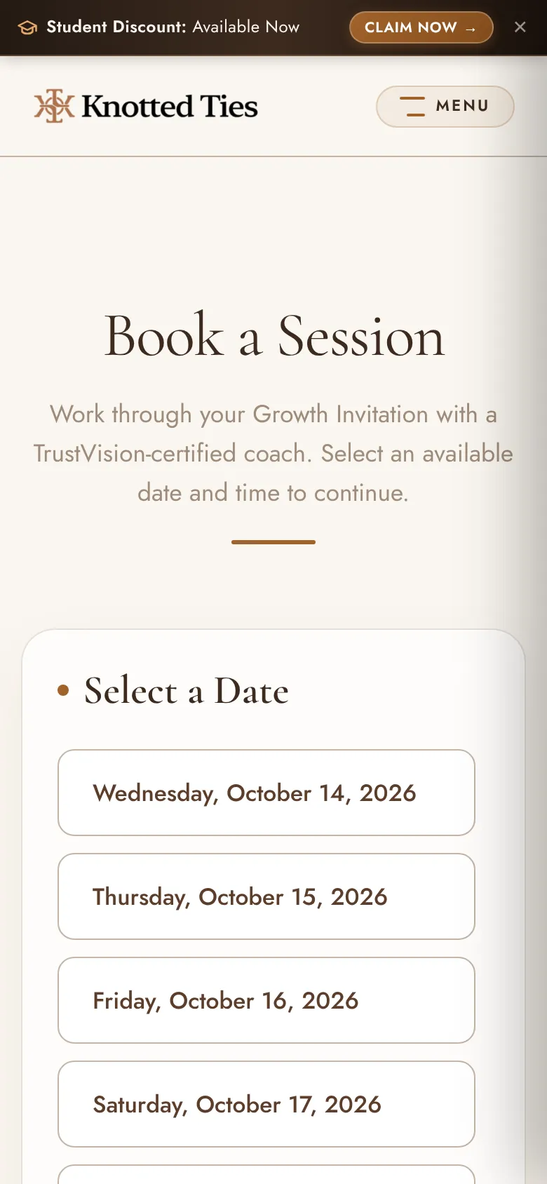 The Knotted Circle mobile booking page with a list of available dates