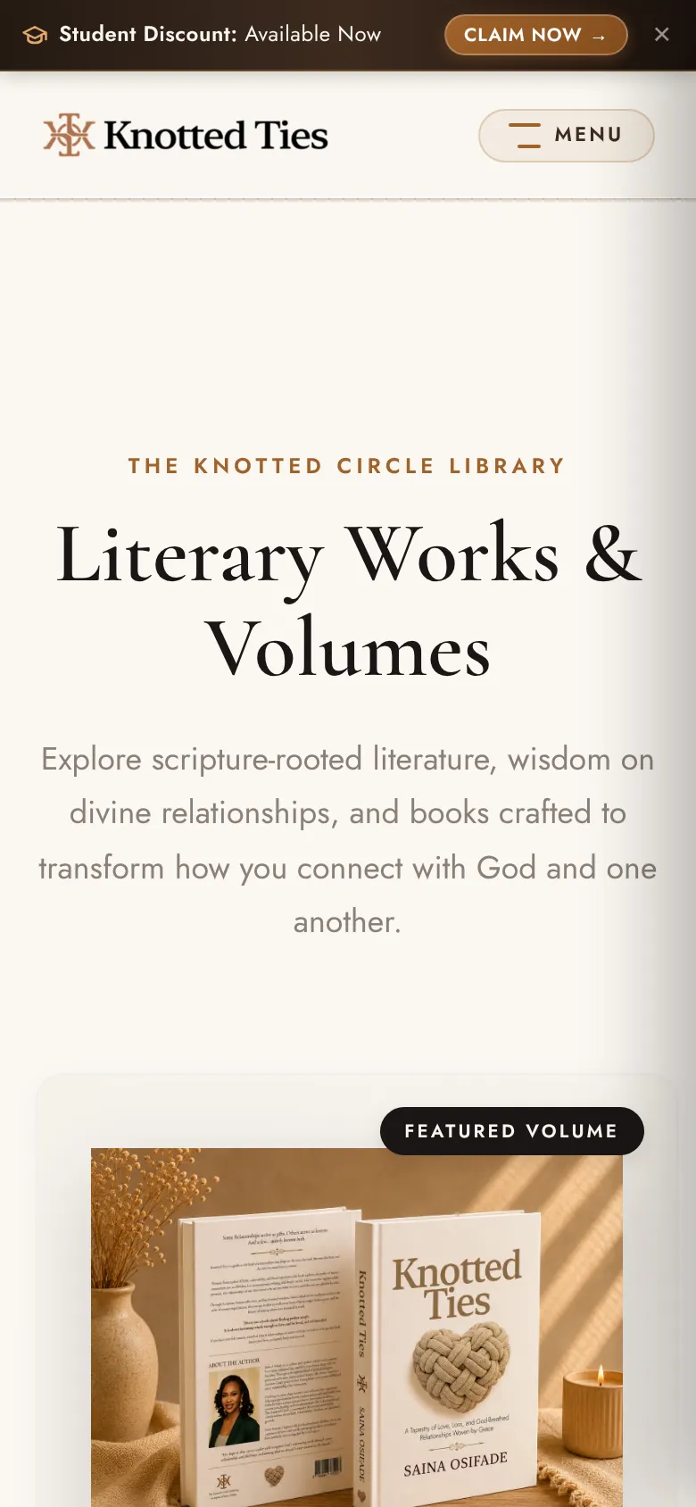 The Knotted Circle mobile books page with the featured Knotted Ties volume