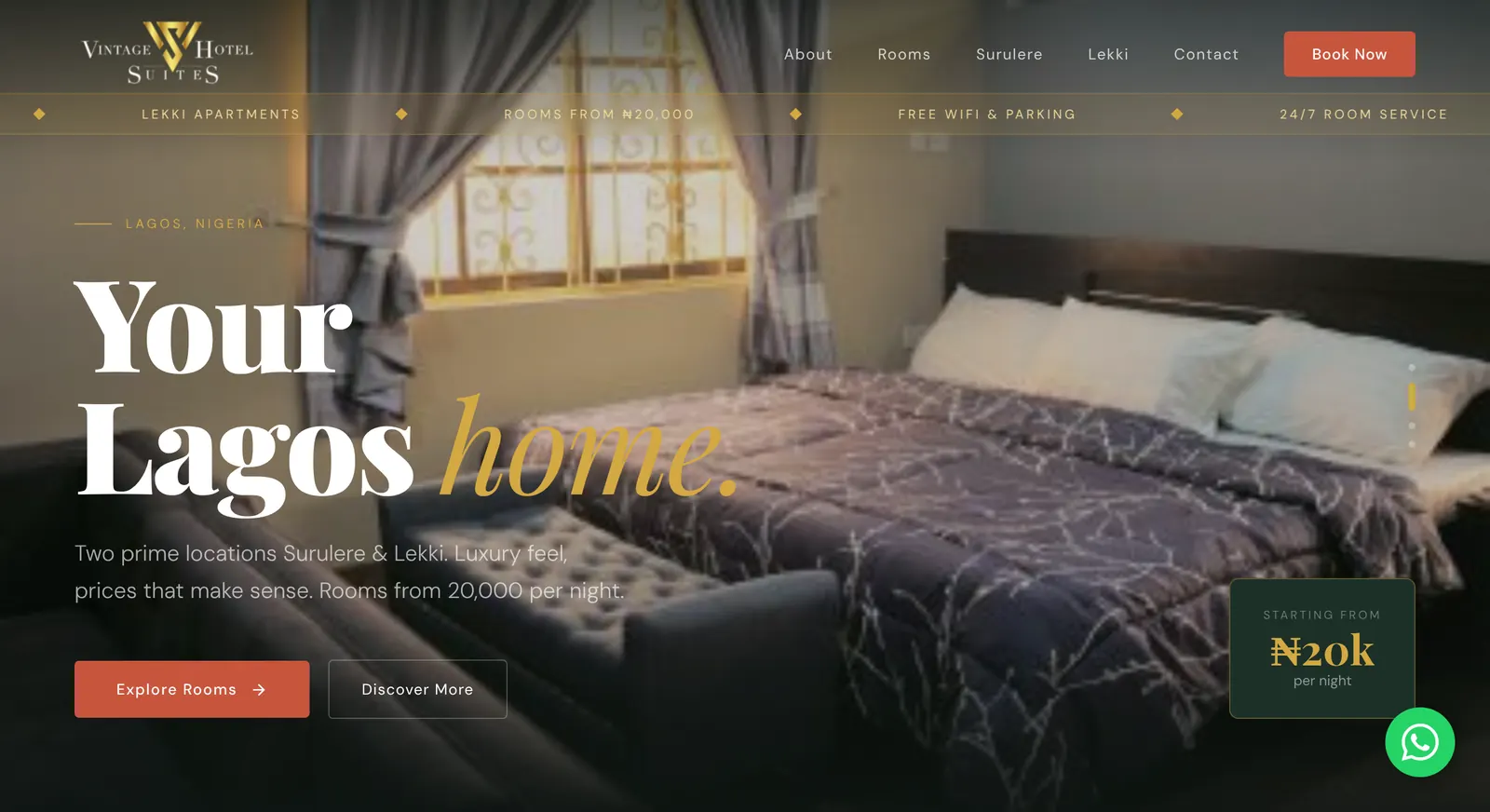 Vintage Hotels & Suites website: homepage and availability search