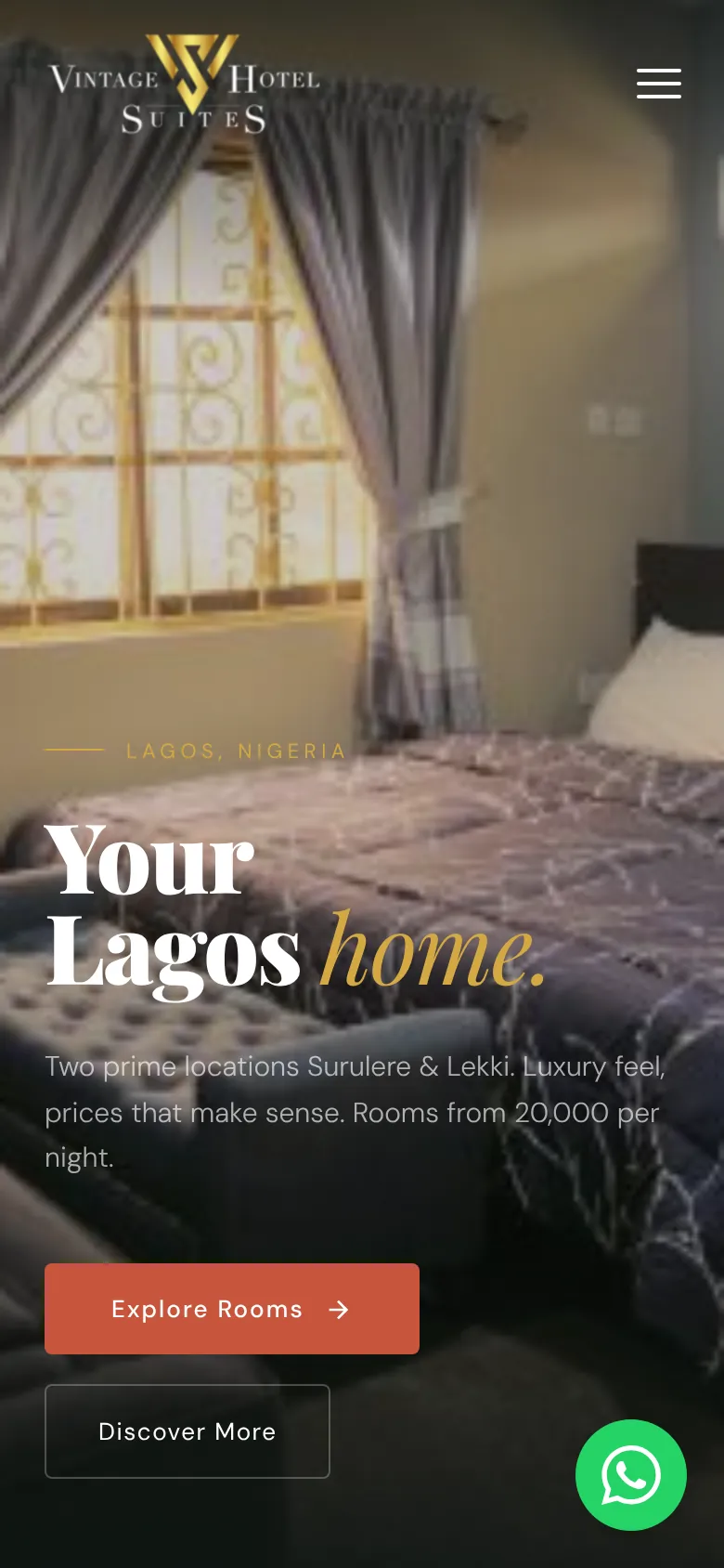 Vintage Hotels & Suites on a phone: mobile homepage