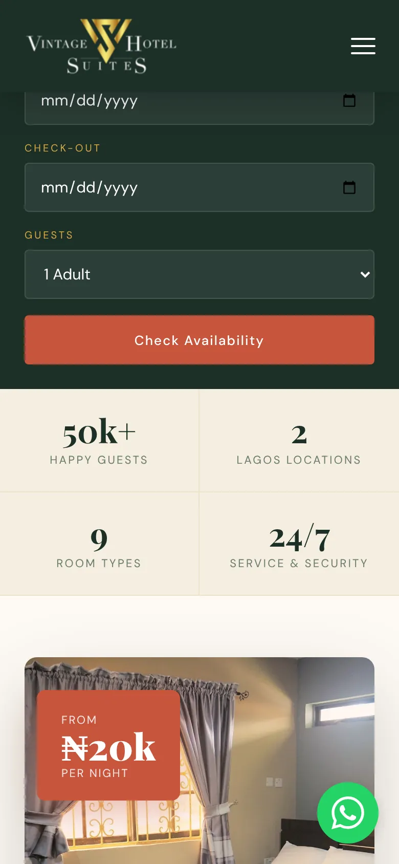 Vintage Hotels & Suites on a phone: mobile rooms